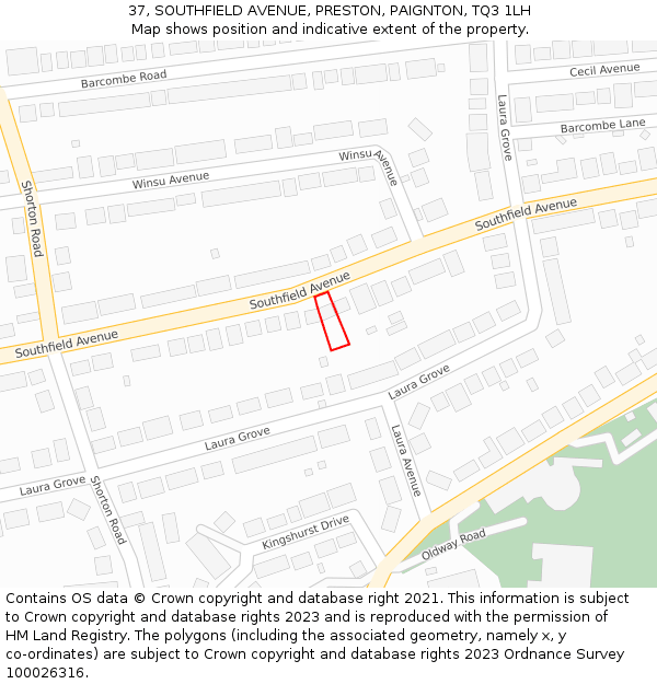 37, SOUTHFIELD AVENUE, PRESTON, PAIGNTON, TQ3 1LH: Location map and indicative extent of plot