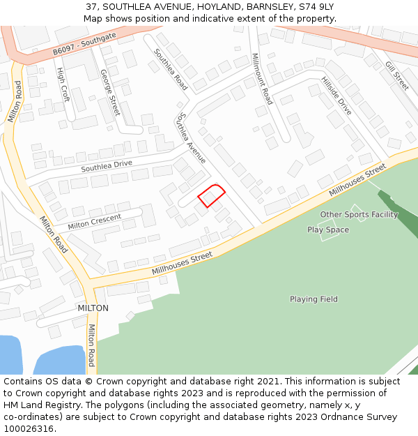 37, SOUTHLEA AVENUE, HOYLAND, BARNSLEY, S74 9LY: Location map and indicative extent of plot
