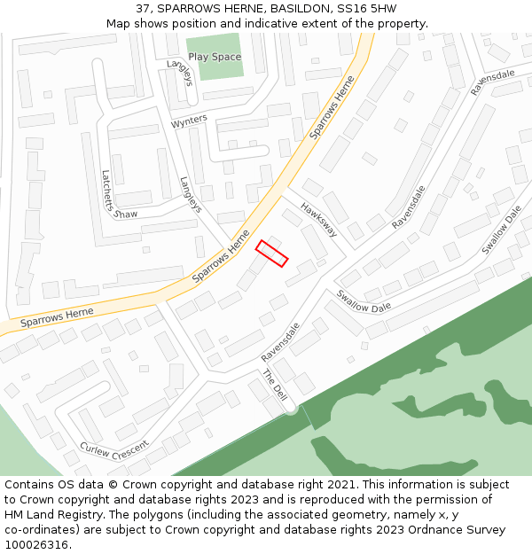37, SPARROWS HERNE, BASILDON, SS16 5HW: Location map and indicative extent of plot