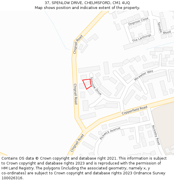37, SPENLOW DRIVE, CHELMSFORD, CM1 4UQ: Location map and indicative extent of plot