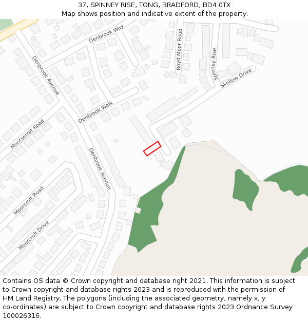 37, SPINNEY RISE, TONG, BRADFORD, BD4 0TX: Location map and indicative extent of plot