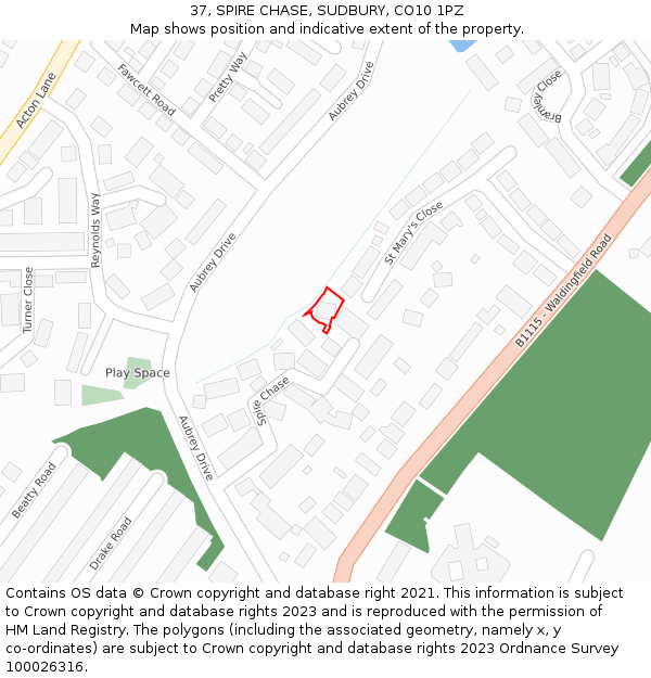 37, SPIRE CHASE, SUDBURY, CO10 1PZ: Location map and indicative extent of plot