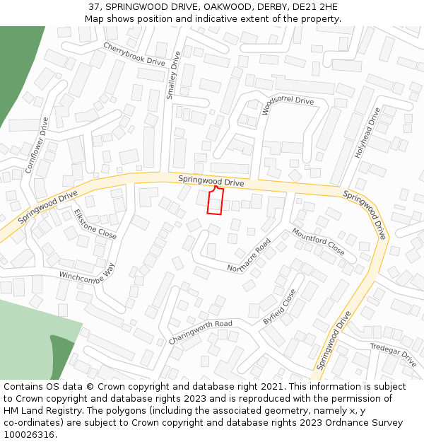 37, SPRINGWOOD DRIVE, OAKWOOD, DERBY, DE21 2HE: Location map and indicative extent of plot