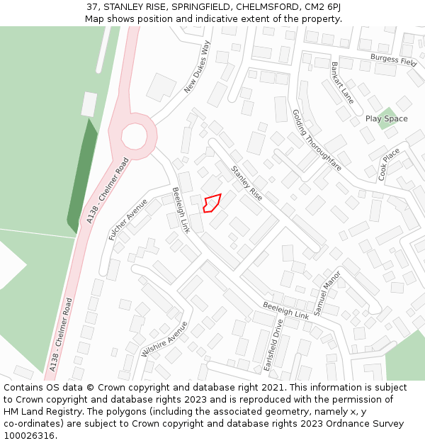 37, STANLEY RISE, SPRINGFIELD, CHELMSFORD, CM2 6PJ: Location map and indicative extent of plot