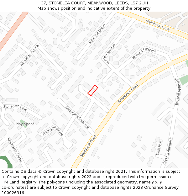 37, STONELEA COURT, MEANWOOD, LEEDS, LS7 2UH: Location map and indicative extent of plot