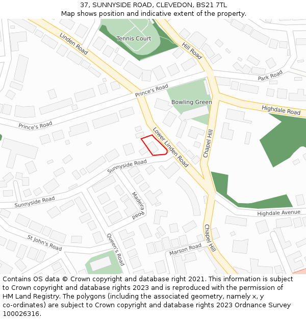 37, SUNNYSIDE ROAD, CLEVEDON, BS21 7TL: Location map and indicative extent of plot