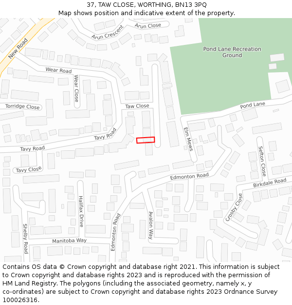 37, TAW CLOSE, WORTHING, BN13 3PQ: Location map and indicative extent of plot