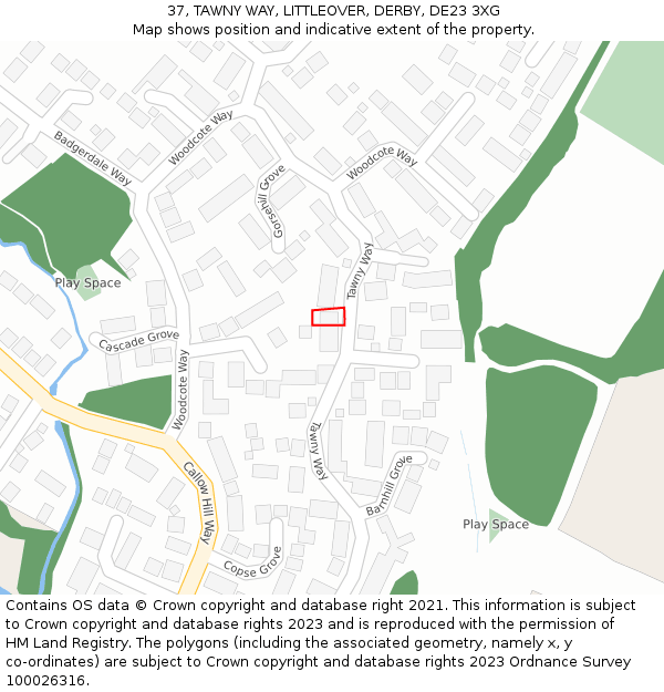 37, TAWNY WAY, LITTLEOVER, DERBY, DE23 3XG: Location map and indicative extent of plot