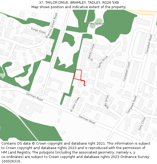 37, TAYLOR DRIVE, BRAMLEY, TADLEY, RG26 5XB: Location map and indicative extent of plot
