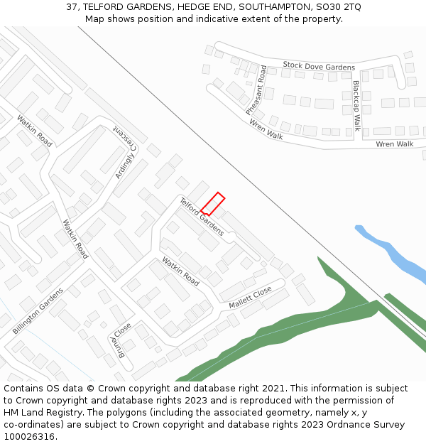 37, TELFORD GARDENS, HEDGE END, SOUTHAMPTON, SO30 2TQ: Location map and indicative extent of plot