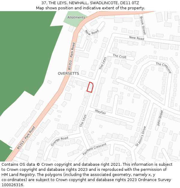 37, THE LEYS, NEWHALL, SWADLINCOTE, DE11 0TZ: Location map and indicative extent of plot