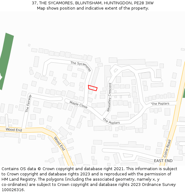 37, THE SYCAMORES, BLUNTISHAM, HUNTINGDON, PE28 3XW: Location map and indicative extent of plot