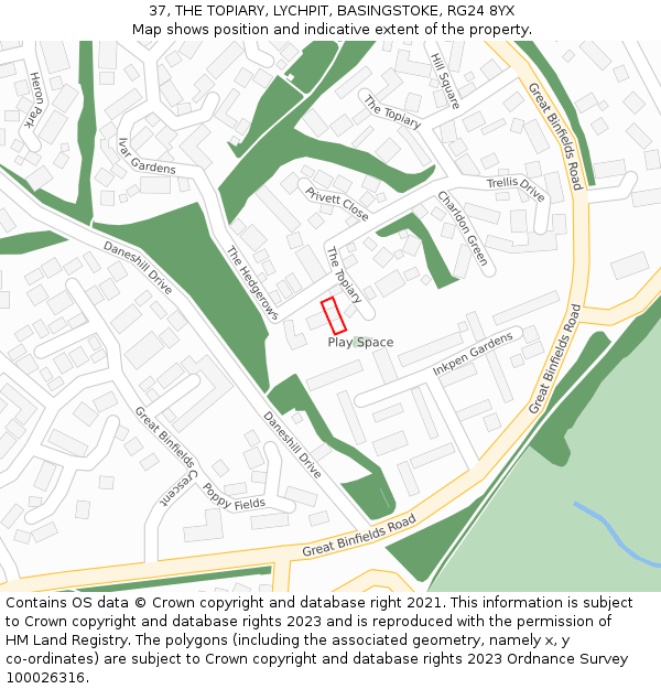 37, THE TOPIARY, LYCHPIT, BASINGSTOKE, RG24 8YX: Location map and indicative extent of plot