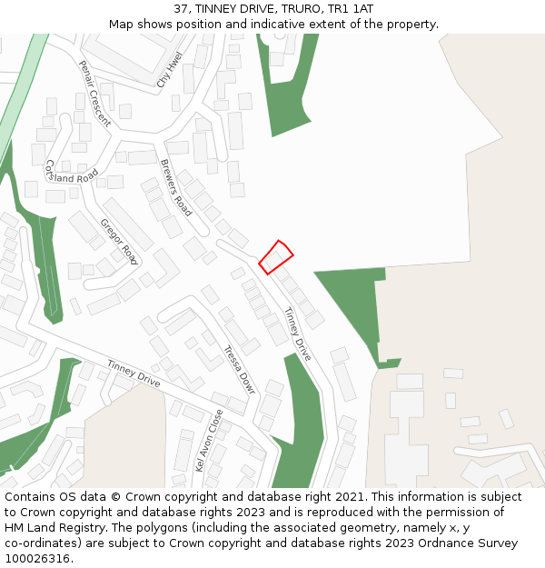 37, TINNEY DRIVE, TRURO, TR1 1AT: Location map and indicative extent of plot