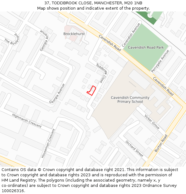 37, TODDBROOK CLOSE, MANCHESTER, M20 1NB: Location map and indicative extent of plot