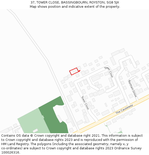 37, TOWER CLOSE, BASSINGBOURN, ROYSTON, SG8 5JX: Location map and indicative extent of plot