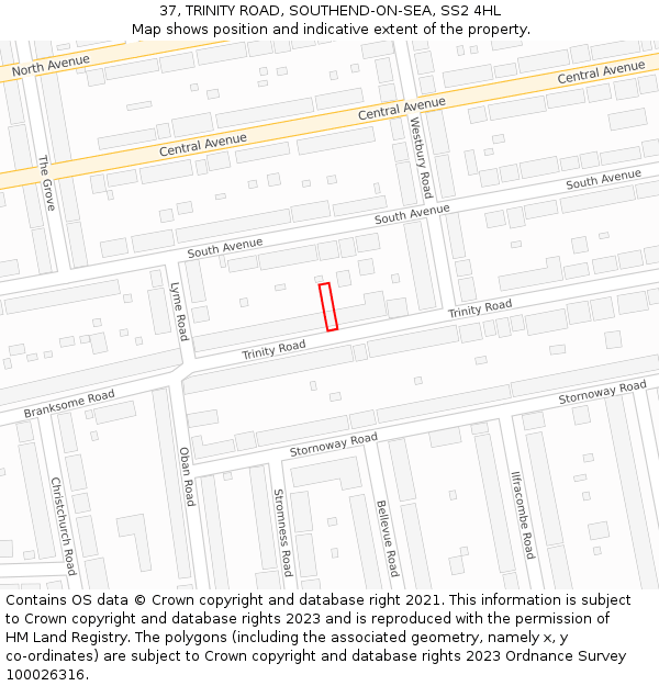37, TRINITY ROAD, SOUTHEND-ON-SEA, SS2 4HL: Location map and indicative extent of plot