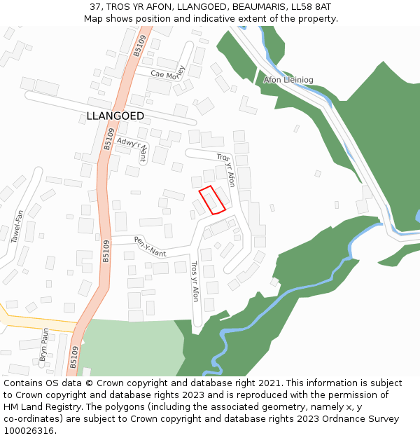 37, TROS YR AFON, LLANGOED, BEAUMARIS, LL58 8AT: Location map and indicative extent of plot