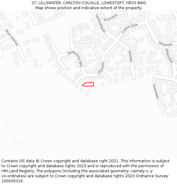 37, ULLSWATER, CARLTON COLVILLE, LOWESTOFT, NR33 8WG: Location map and indicative extent of plot