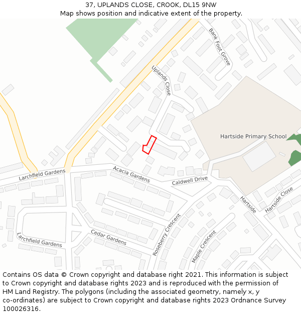 37, UPLANDS CLOSE, CROOK, DL15 9NW: Location map and indicative extent of plot