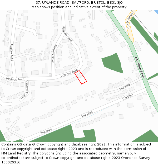 37, UPLANDS ROAD, SALTFORD, BRISTOL, BS31 3JQ: Location map and indicative extent of plot