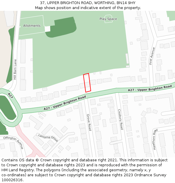 37, UPPER BRIGHTON ROAD, WORTHING, BN14 9HY: Location map and indicative extent of plot