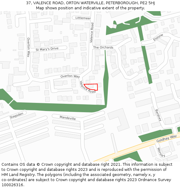 37, VALENCE ROAD, ORTON WATERVILLE, PETERBOROUGH, PE2 5HJ: Location map and indicative extent of plot
