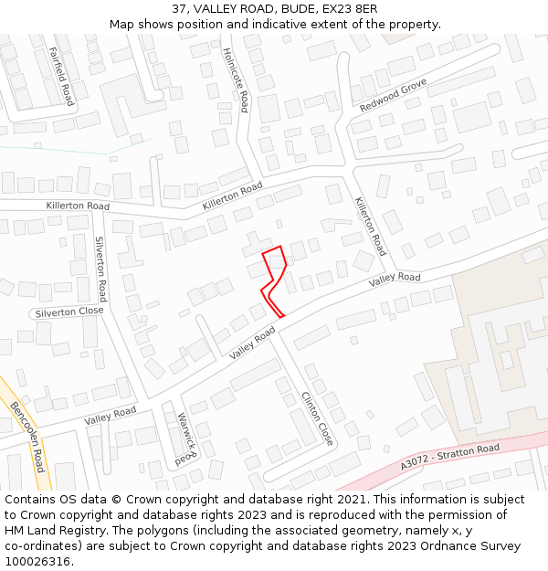 37, VALLEY ROAD, BUDE, EX23 8ER: Location map and indicative extent of plot