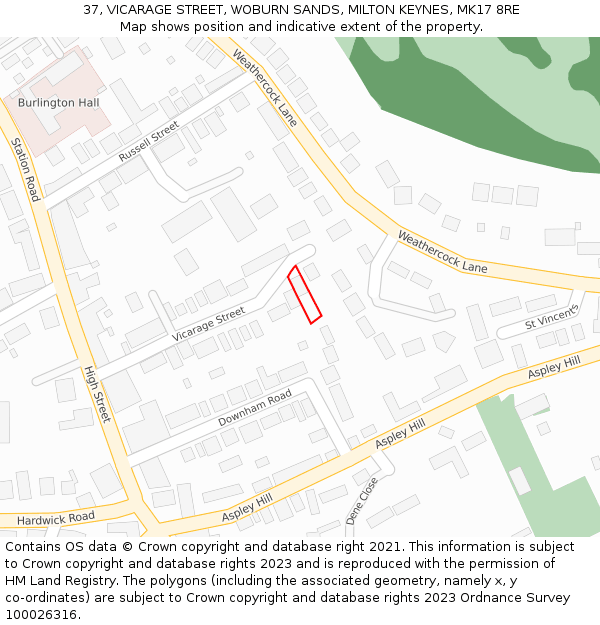 37, VICARAGE STREET, WOBURN SANDS, MILTON KEYNES, MK17 8RE: Location map and indicative extent of plot