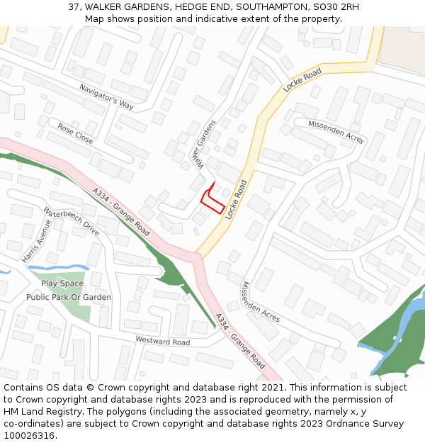 37, WALKER GARDENS, HEDGE END, SOUTHAMPTON, SO30 2RH: Location map and indicative extent of plot