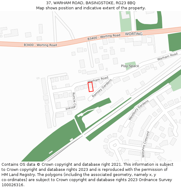37, WARHAM ROAD, BASINGSTOKE, RG23 8BQ: Location map and indicative extent of plot