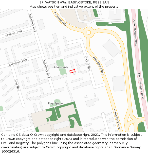 37, WATSON WAY, BASINGSTOKE, RG23 8AN: Location map and indicative extent of plot
