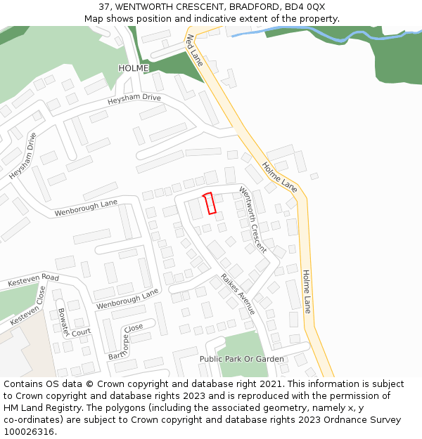 37, WENTWORTH CRESCENT, BRADFORD, BD4 0QX: Location map and indicative extent of plot