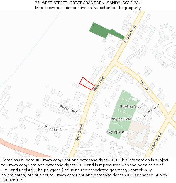 37, WEST STREET, GREAT GRANSDEN, SANDY, SG19 3AU: Location map and indicative extent of plot