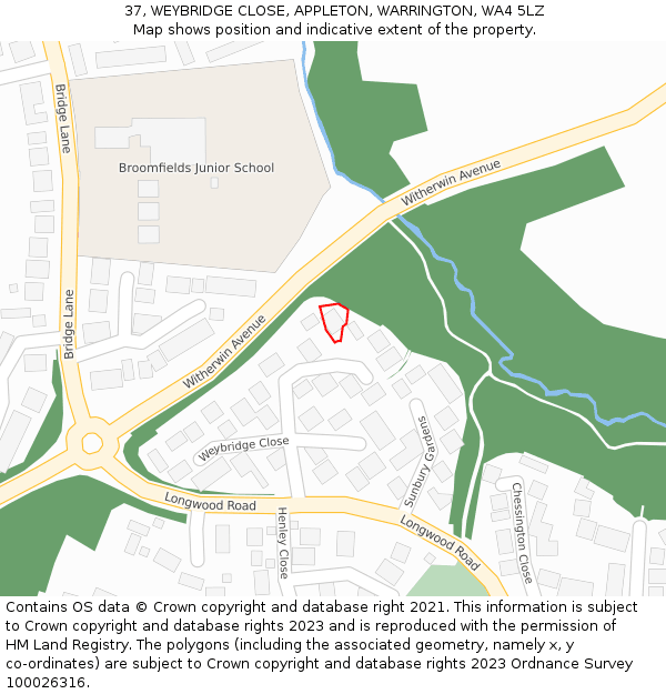 37, WEYBRIDGE CLOSE, APPLETON, WARRINGTON, WA4 5LZ: Location map and indicative extent of plot