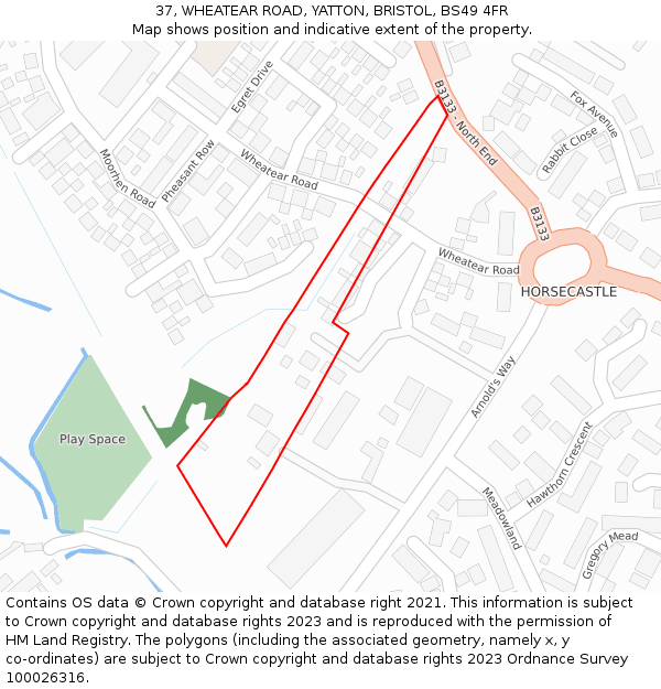 37, WHEATEAR ROAD, YATTON, BRISTOL, BS49 4FR: Location map and indicative extent of plot