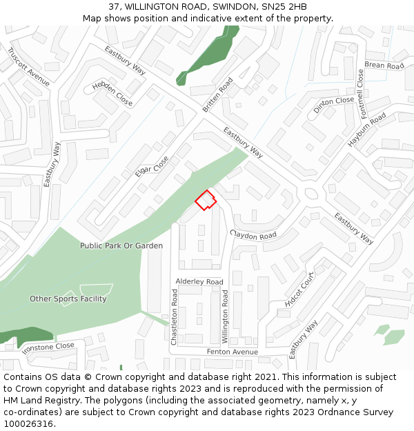 37, WILLINGTON ROAD, SWINDON, SN25 2HB: Location map and indicative extent of plot