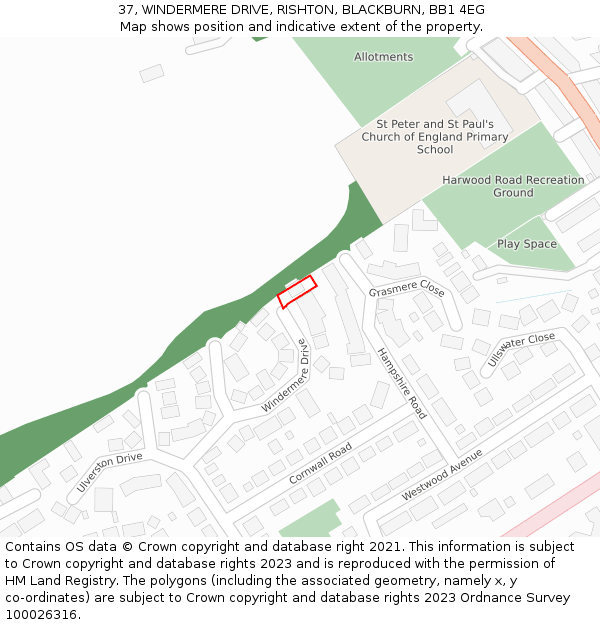 37, WINDERMERE DRIVE, RISHTON, BLACKBURN, BB1 4EG: Location map and indicative extent of plot