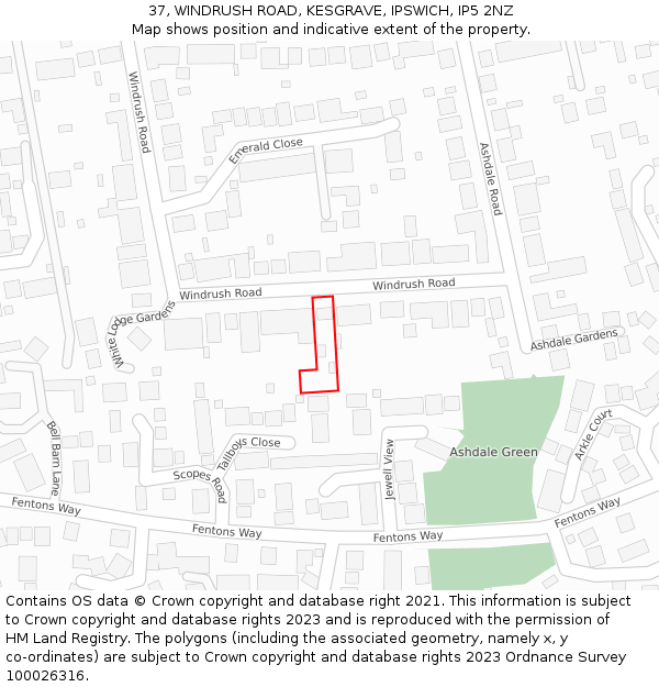 37, WINDRUSH ROAD, KESGRAVE, IPSWICH, IP5 2NZ: Location map and indicative extent of plot