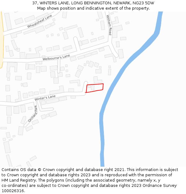 37, WINTERS LANE, LONG BENNINGTON, NEWARK, NG23 5DW: Location map and indicative extent of plot