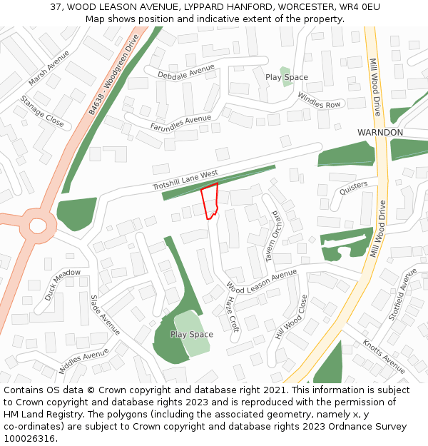37, WOOD LEASON AVENUE, LYPPARD HANFORD, WORCESTER, WR4 0EU: Location map and indicative extent of plot