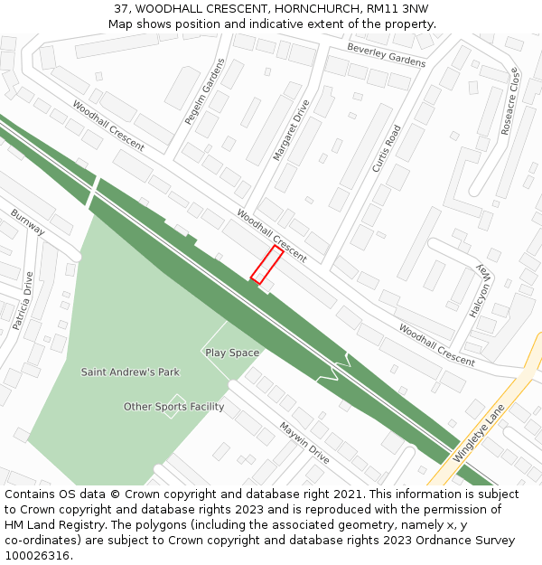 37, WOODHALL CRESCENT, HORNCHURCH, RM11 3NW: Location map and indicative extent of plot