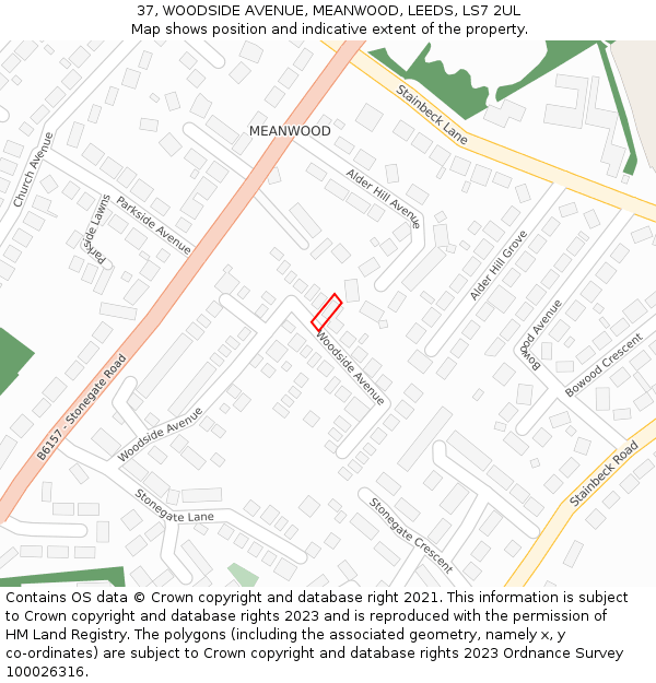 37, WOODSIDE AVENUE, MEANWOOD, LEEDS, LS7 2UL: Location map and indicative extent of plot
