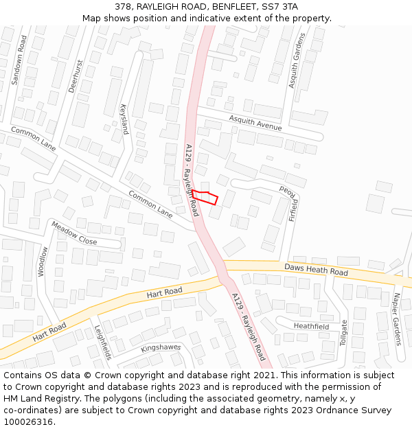 378, RAYLEIGH ROAD, BENFLEET, SS7 3TA: Location map and indicative extent of plot