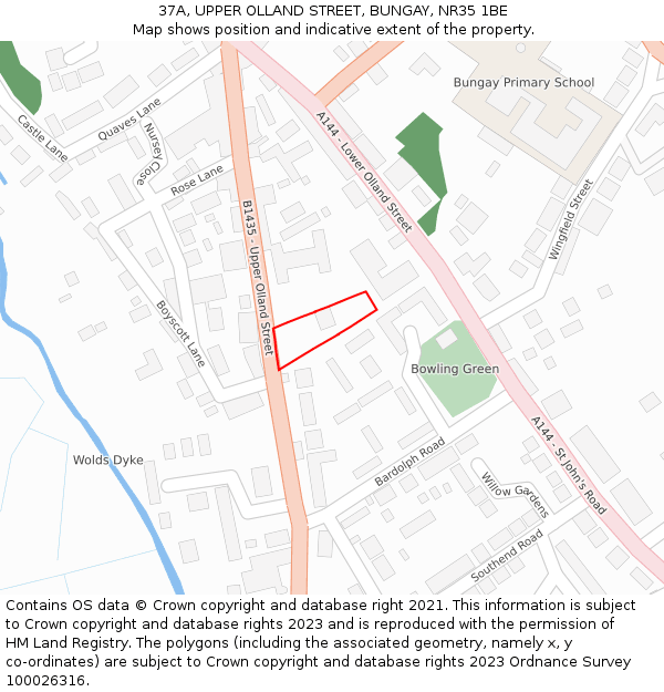 37A, UPPER OLLAND STREET, BUNGAY, NR35 1BE: Location map and indicative extent of plot