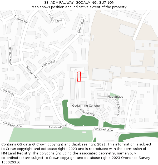 38, ADMIRAL WAY, GODALMING, GU7 1QN: Location map and indicative extent of plot