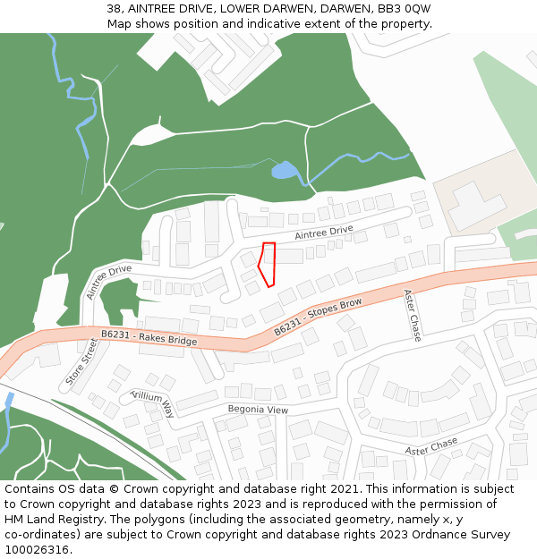 38, AINTREE DRIVE, LOWER DARWEN, DARWEN, BB3 0QW: Location map and indicative extent of plot