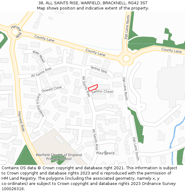 38, ALL SAINTS RISE, WARFIELD, BRACKNELL, RG42 3ST: Location map and indicative extent of plot