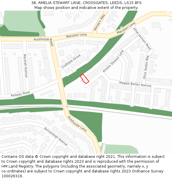 38, AMELIA STEWART LANE, CROSSGATES, LEEDS, LS15 8FS: Location map and indicative extent of plot