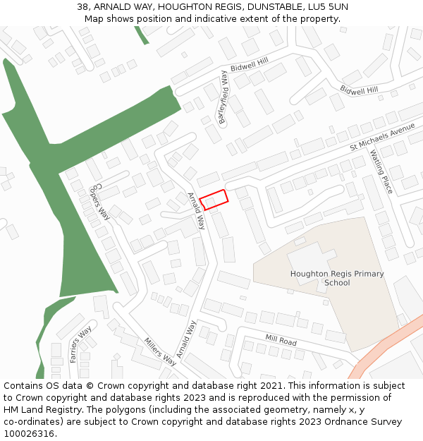 38, ARNALD WAY, HOUGHTON REGIS, DUNSTABLE, LU5 5UN: Location map and indicative extent of plot